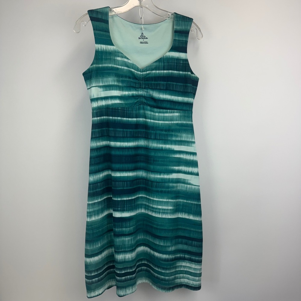 Prana Womens Teal Green Striped Ikat V-Neck Sleeveless A-Line Dress Size S
